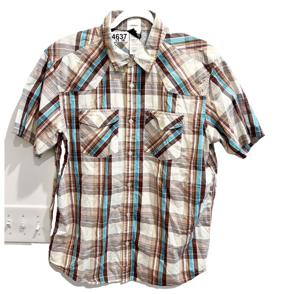 Patagonia Mens White Brown Shirt L Plaid Flannel Button Up Pockets Short Sleeve